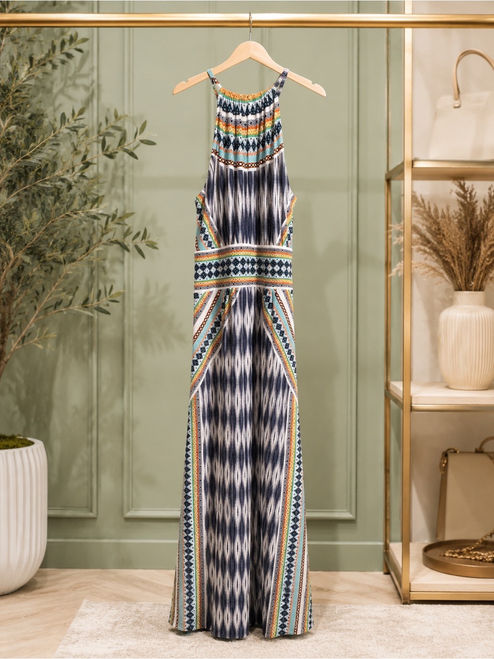 London Style Collection Ikat Geometric Halter Maxi Dress Size 4
